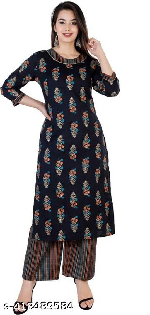 Rayon Printed Kurti with Pant for Women (Black, S)