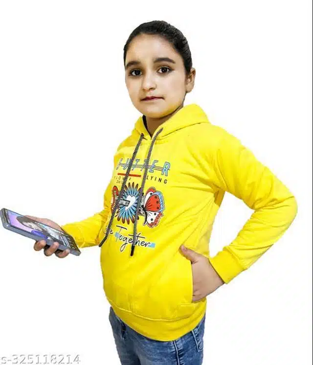 Fleece Printed Full Sleeves Hooded Sweatshirt for Girls (Yellow, 3-4 Years)