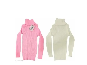 Woolen Solid High Neck Sweaters for Girls (Pink & White, 5-6 Years) (Pack of 2)