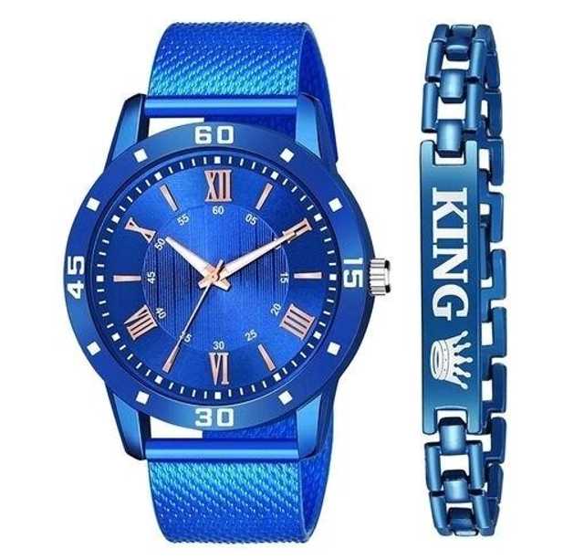 Elegant Collection Stylish PU Belt Watch & Bracelet (Blue, Pack Of 2) (EC_010)