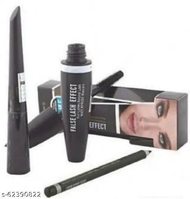 Mascara with Eyebrow Pencil & Eye Liner (Black, Set of 3)