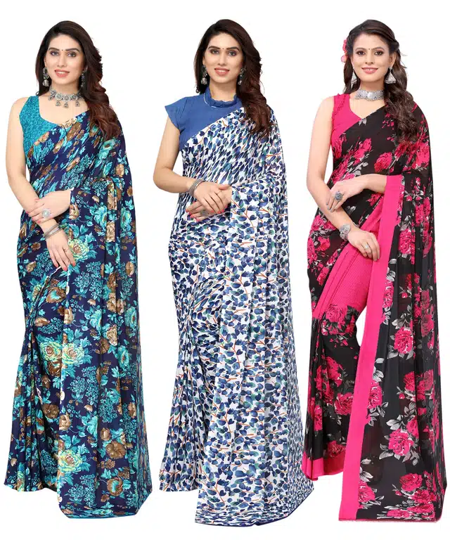 Women's Designer Floral Printed Saree with Blouse Piece (Pack of 3) (Multicolor) (SD-161)