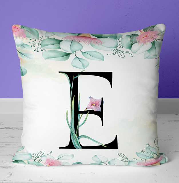 Colorful Floral Alphabet Letter E Printed Cushion Cover with Filler (Black, 12x12 Inch) (GT-1043)
