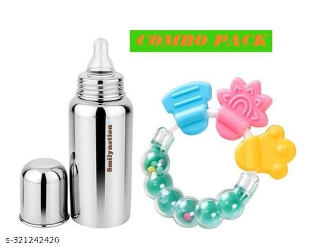 Stainless Steel Milk Bottle (250 ml) with Rattle Toy for Baby (Multicolor, Set of 2)