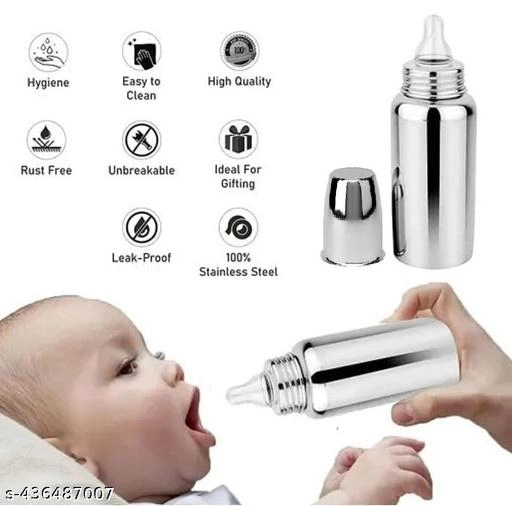 Stainless Steel Milk Bottle (450 ml) with Cleaning Brush for Baby (Multicolor, Set of 2)