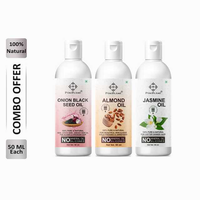 Puriflame Pure Onion Black Seed Oil (50 ml), Almond Oil (50 ml) & Jasmine Oil ( 50 ml) Combo for Rapid Hair Growth (Pack Of 3) (B-12597)