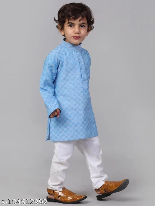 Cotton Kurta with Pyjama for Boys (Sky Blue & White, 12-18 Months)