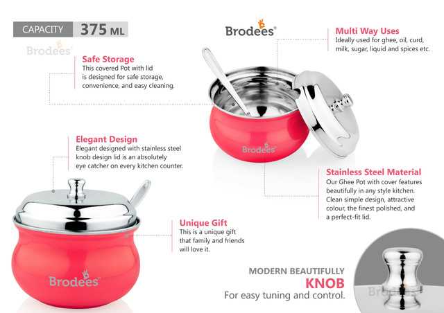 BRODEES Stainless Steel Ghee Pot W/Spoon Steel Utility Container (375 ml) (Red) (A-38)