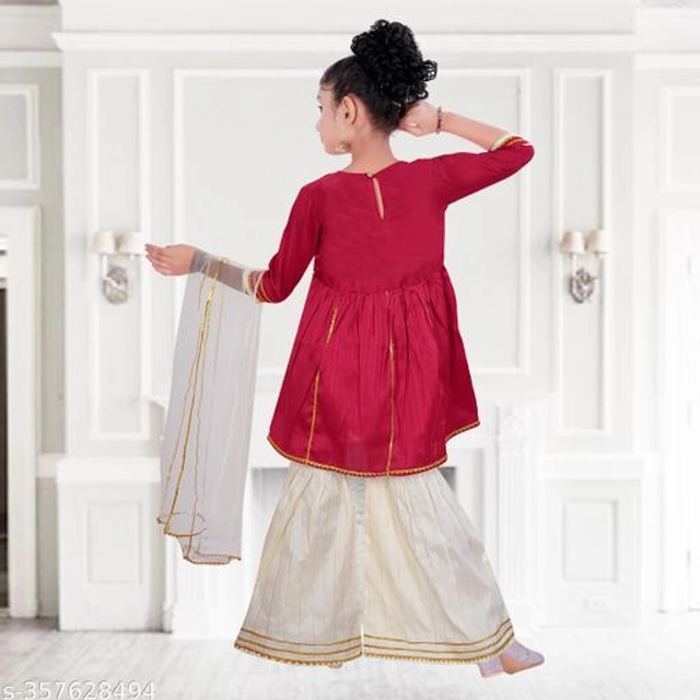 Poly Silk Kurta Sets for Girls (Red & White, 2-3 Years)