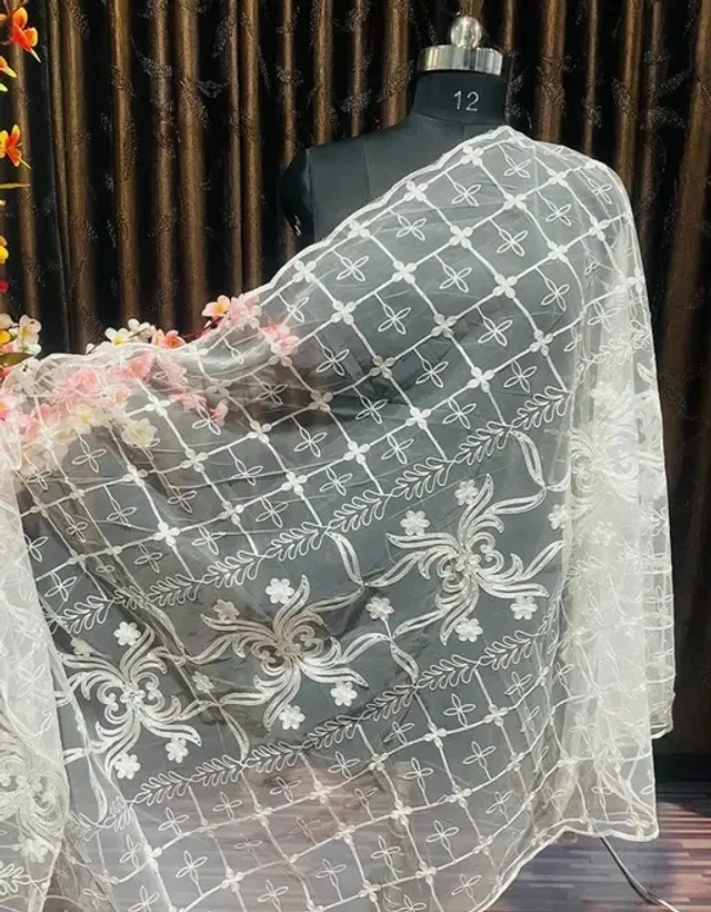 Net Embroidered Dupatta for Women (White, 2 m)