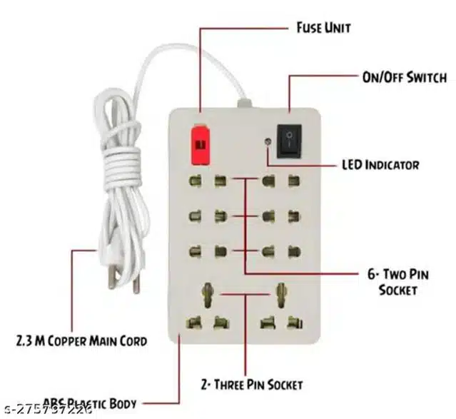 Plastic 8 Socket Extension Board (White)