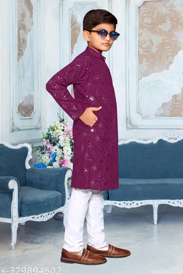 Cotton Blend Kurta Sets for Boys (2-3 Years, Wine & White)