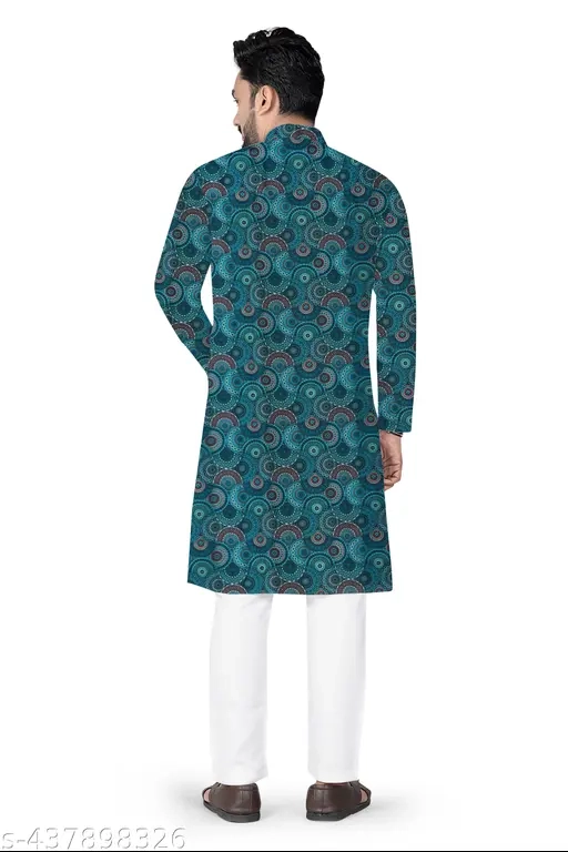 Cotton Ethnic Motif Kurta for Men (Teal, M)