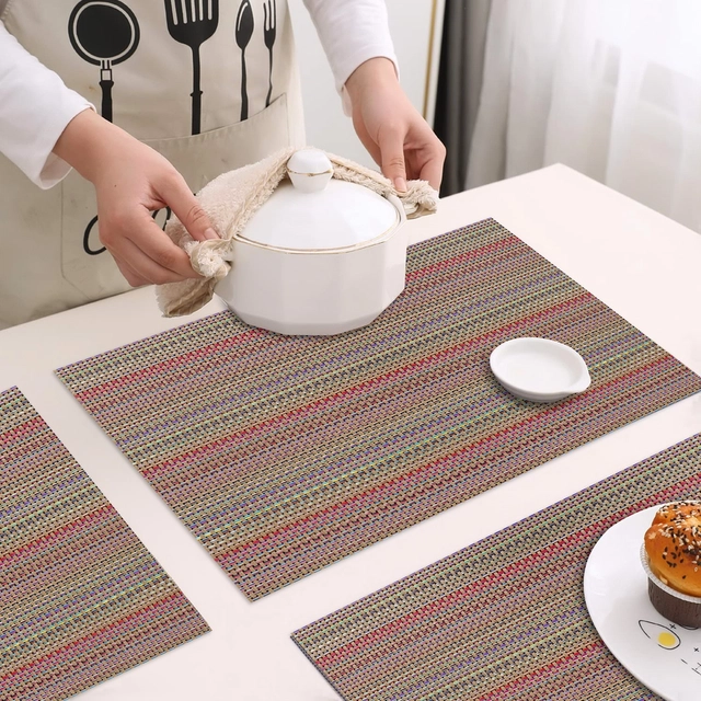 PVC Waterproof Rectangle Striped Table Mats (Maroon, 45x30 cm) (Pack of 6)