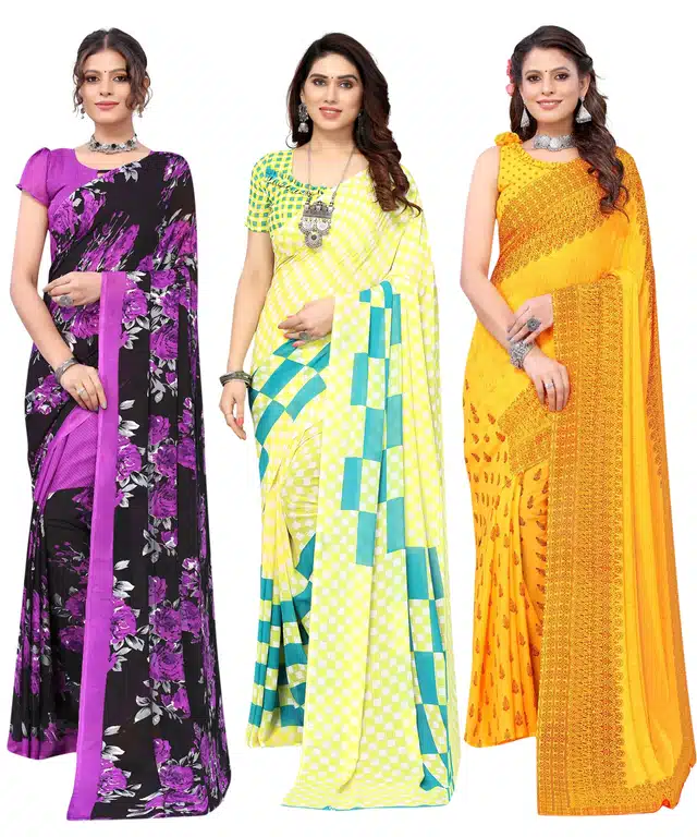 Women's Designer Floral Printed Saree with Blouse Piece (Pack of 3) (Multicolor) (SD-205)