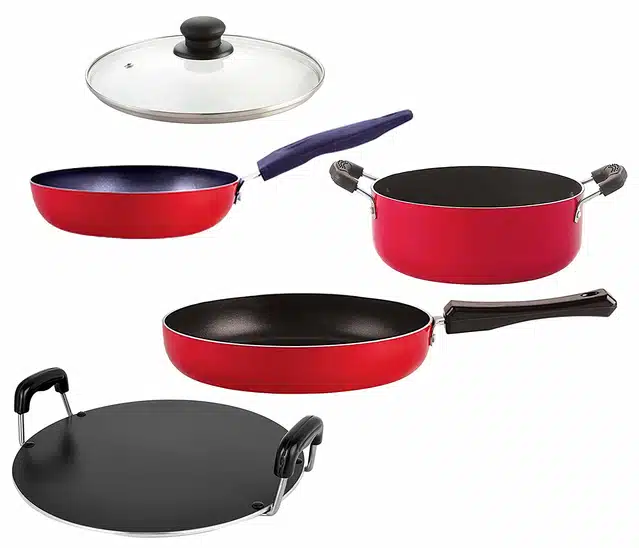 Aluminium Nonstick Cookwear Set with Glass Lid (Red, Set of 5)