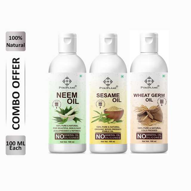 PuriFlame Pure Neem Oil (100 ml) & Sesame Oil (100 ml) & Wheat Germ Oil (100 ml) Combo For Rapid Hair Growth (Pack Of 3) (B-5993)