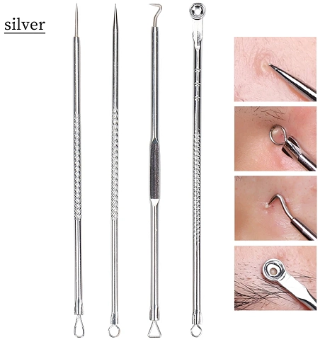 Stainless Steel 4 Pcs Acne Blackhead Remover (Silver, Set of 1)