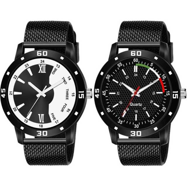 Pu Belt Attractive Look Analog Watch For Mens (Pack Of 2) (Black) (W-927)