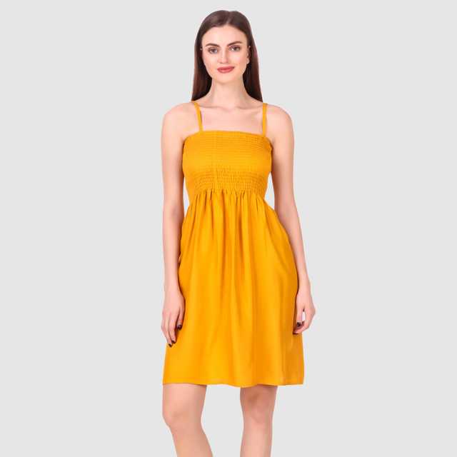 Stylish New Cotton Rayon Blend Women Solid Midi Dress (Yellow, M) (ITN-61)