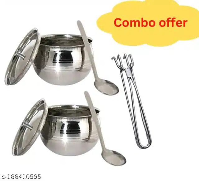 Stainless Steel Oil Container Pot Set (2 Pcs) with Cooking Tong (Silver, Set of 3)