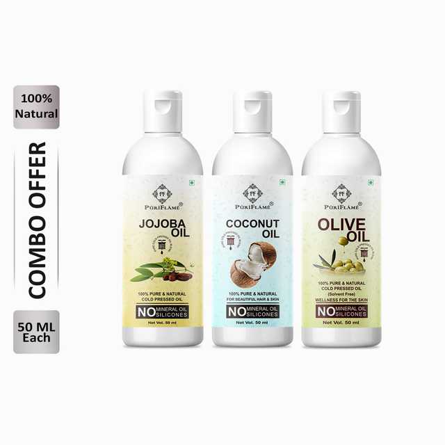 Puriflame Pure Jojoba Oil (50 ml), Coconut Oil (50 ml) & Olive Oil (50 ml) Combo for Rapid Hair Growth (Pack Of 3) (B-11461)