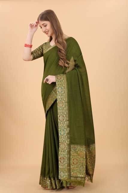 SVB Vichitra Silk Women Jacquard Saree With Un-Stitched Blouse (Olive Green) (SVB-12)