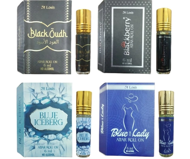 Black Oudh with Blackberry, Blue Ice Berg & Blue for Lady Attar Roll On (6 ml, Pack of 4)