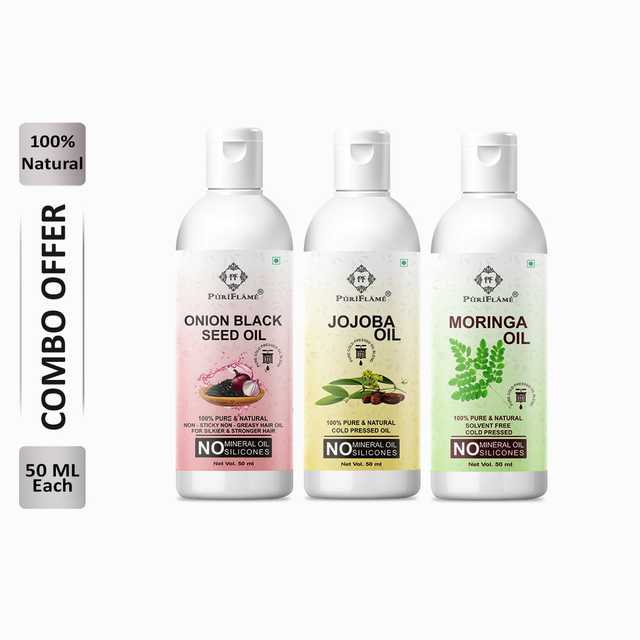 Puriflame Pure Onion Black Seed Oil (50 ml), Jojoba Oil (50 ml) & Moringa Oil (50 ml) Combo for Rapid Hair Growth (Pack of 3) (B-12752)