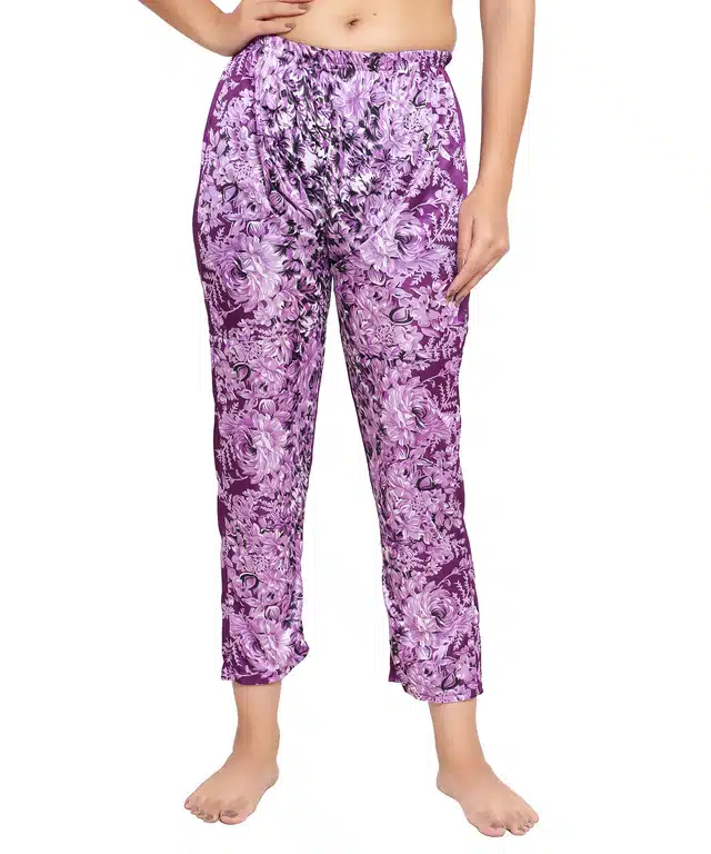 Satin Printed Pyjama for Women (Purple, S)