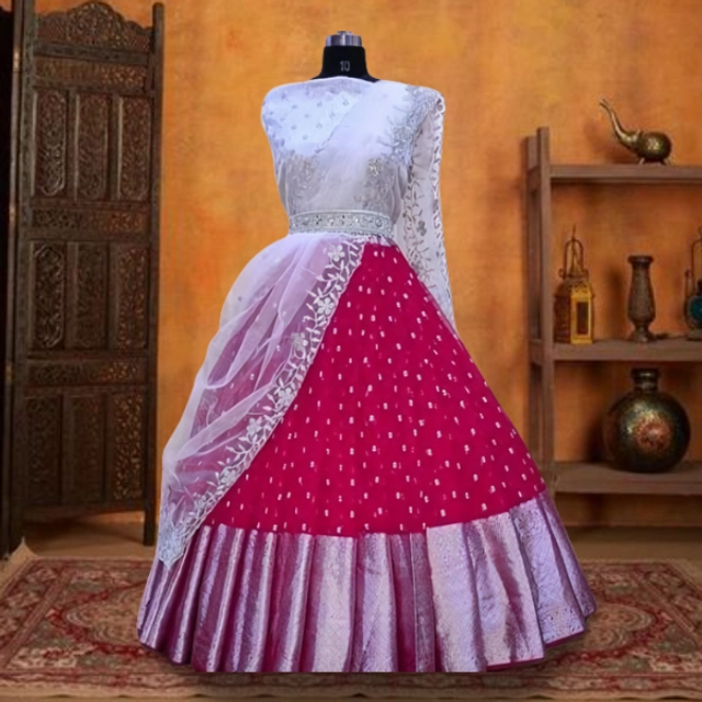 Silk Blend Embroidered Semi Stitched Lehenga for Women (Pink)