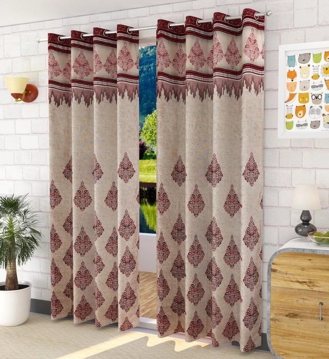 Jacquard Printed Window & Door Curtains (Maroon, 5 feet) (Pack of 2)