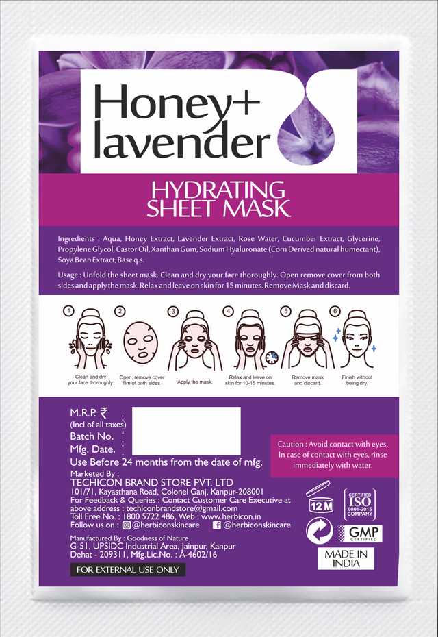 Herbicon Honey with Lavender Face Sheet Mask for Light-Weight, Soothing and Brightening Skin (20 g, Pack of 3) (T-66)