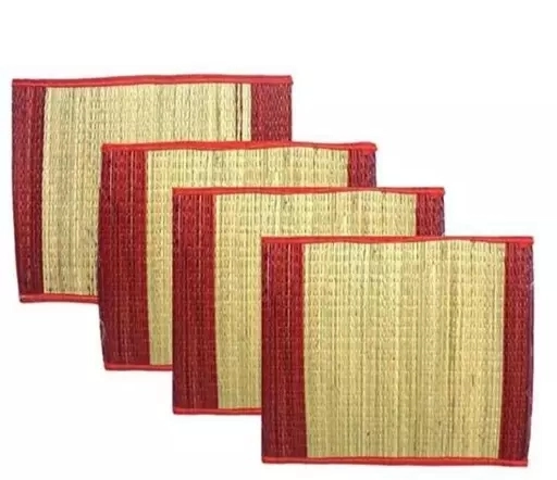 Natural Natural Grass Pooja Mats (Red & Brown, Pack of 4) (Multicolor, Pack of 4)