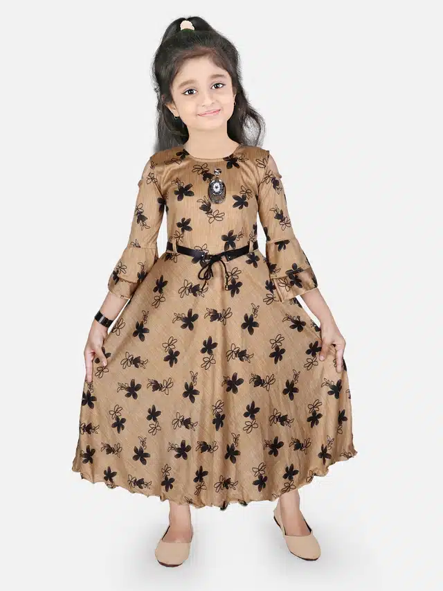 Three Quarter Sleeves Gown for Girls (Brown, 9-10 Years)