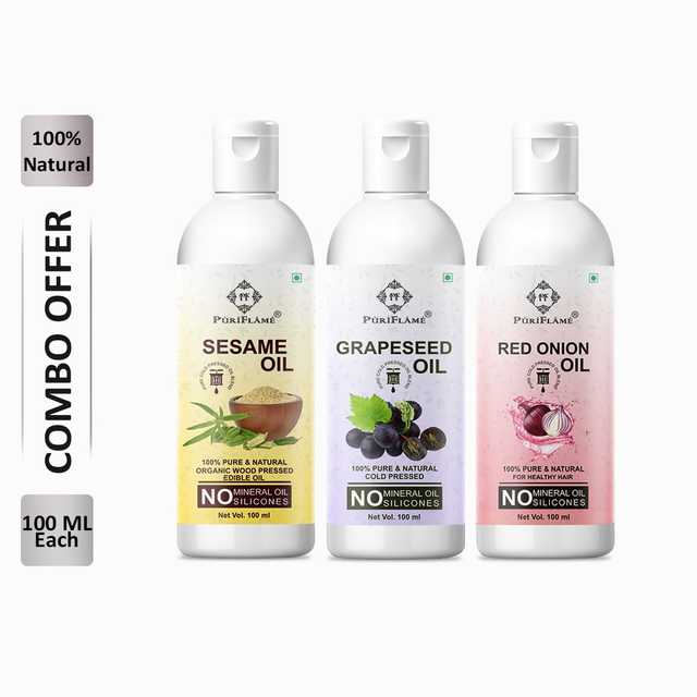 PuriFlame Pure Sesame Oil (100 ml) & Grapeseed Oil (100 ml) & Red Onion Oil (100 ml) Combo For Rapid Hair Growth (Pack Of 3) (B-7556)