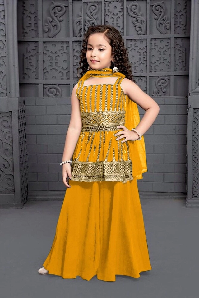 Georgette Embroidered Kurti with Sharara & Dupatta for Girls (Mustard, 2-3 Years)