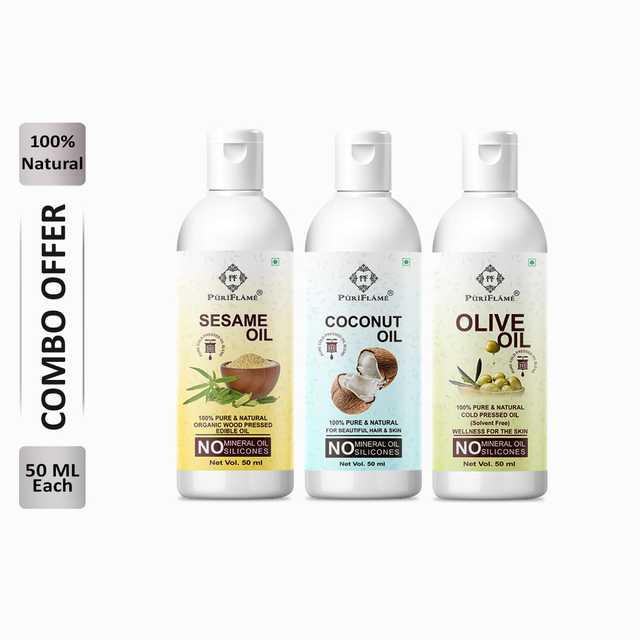 Puriflame Pure Sesame Oil (50 ml), Coconut Oil (50 ml) & Olive Oil (50 ml) Combo for Rapid Hair Growth (Pack Of 3) (B-13604)