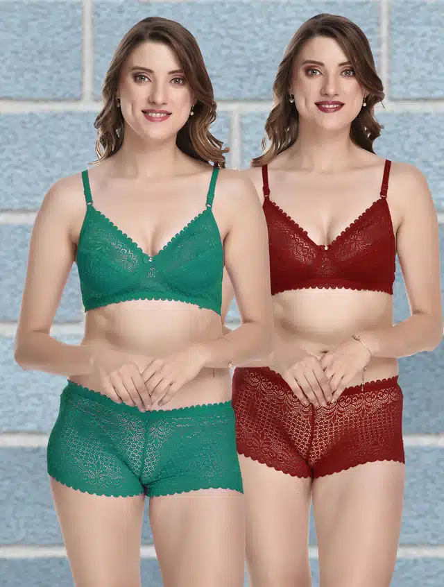 Lingerie Set for Women (Pack of 2) (Green & Maroon, 30) (A-2076)