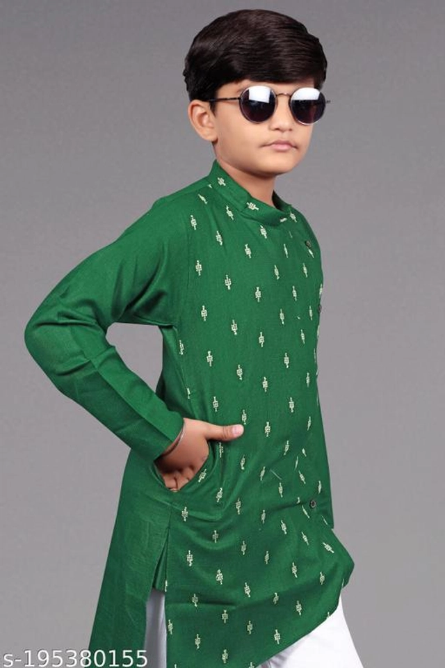 Cotton Blend Kurta Sets for Boys (3-4 Years, Green & White)