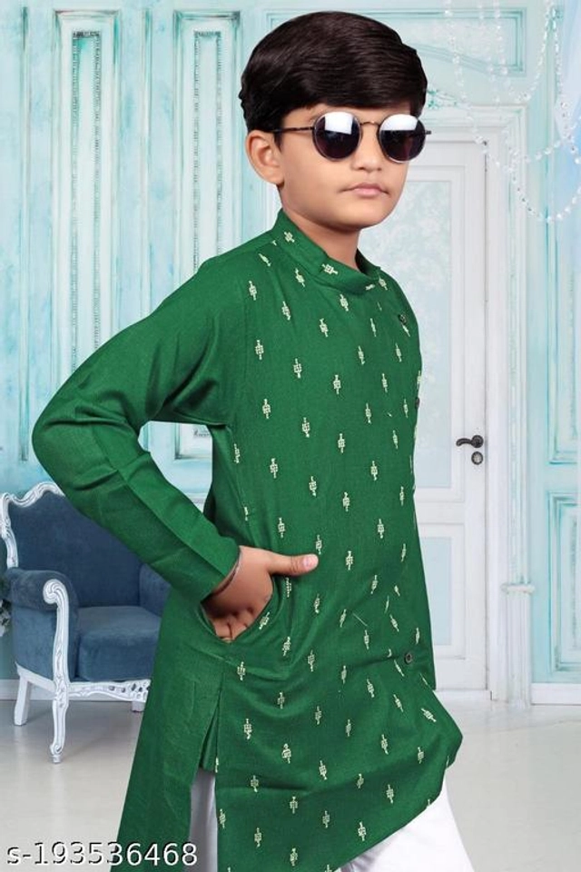 Cotton Blend Kurta Sets for Boys (2-3 Years, Green & White)