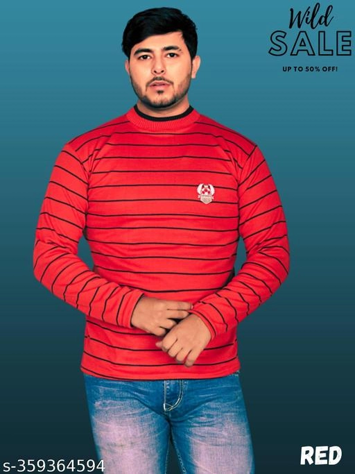 Woolen Striped Sweater for Men (Red, M)