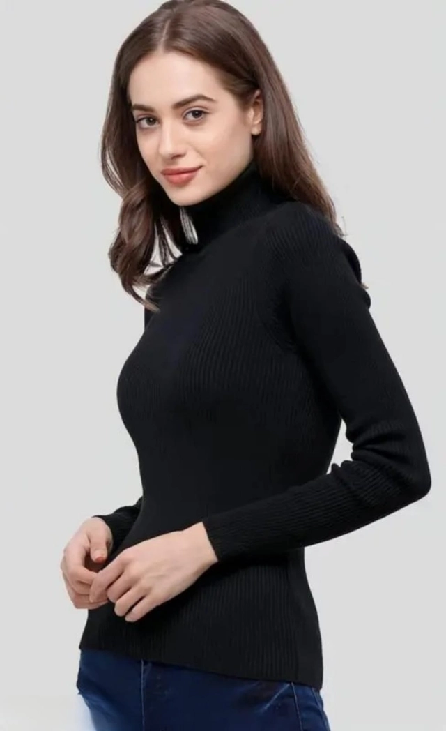 Cotton High Neck Solid Top for Women (Black, S)