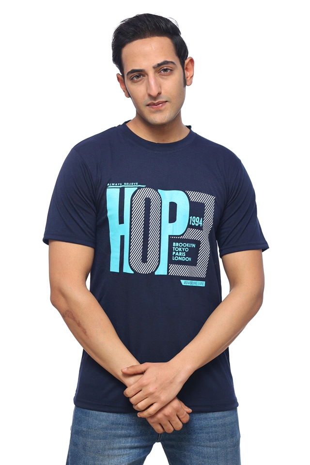 Round Neck Printed T-Shirt for Men (Navy Blue, M)