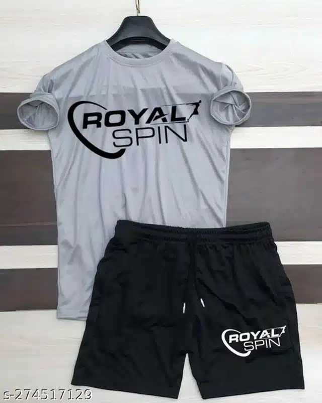 Half Sleeves T-Shirt with Shorts for Men (Grey & Black, S)