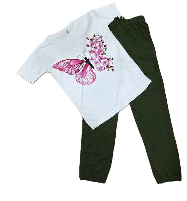 Cotton Blend Printed Clothing Set for Girls (Olive & White, 9-10 Years)