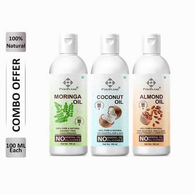 PuriFlame Pure Moringa Oil (100 ml) & Coconut Oil (100 ml) & Almond Oil (100 ml) Combo For Rapid Hair Growth (Pack Of 3) (B-5454)