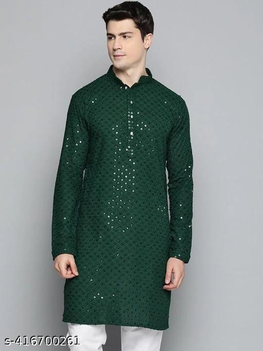 Viscose Embroidered Kurta for Men (S, Bottle Green)