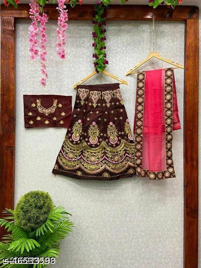 Satin Embroidered Lehenga with Choli & Dupatta for Girls (Maroon & Pink, 2-3 Years)