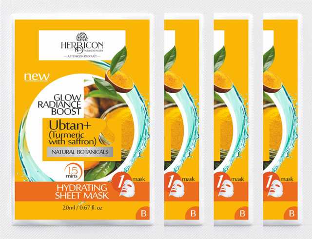 Herbicon Ubtan Face Sheet Mask with Turmeric and Saffron for Skin Brightening (20 g, Pack of 4) (T-19)